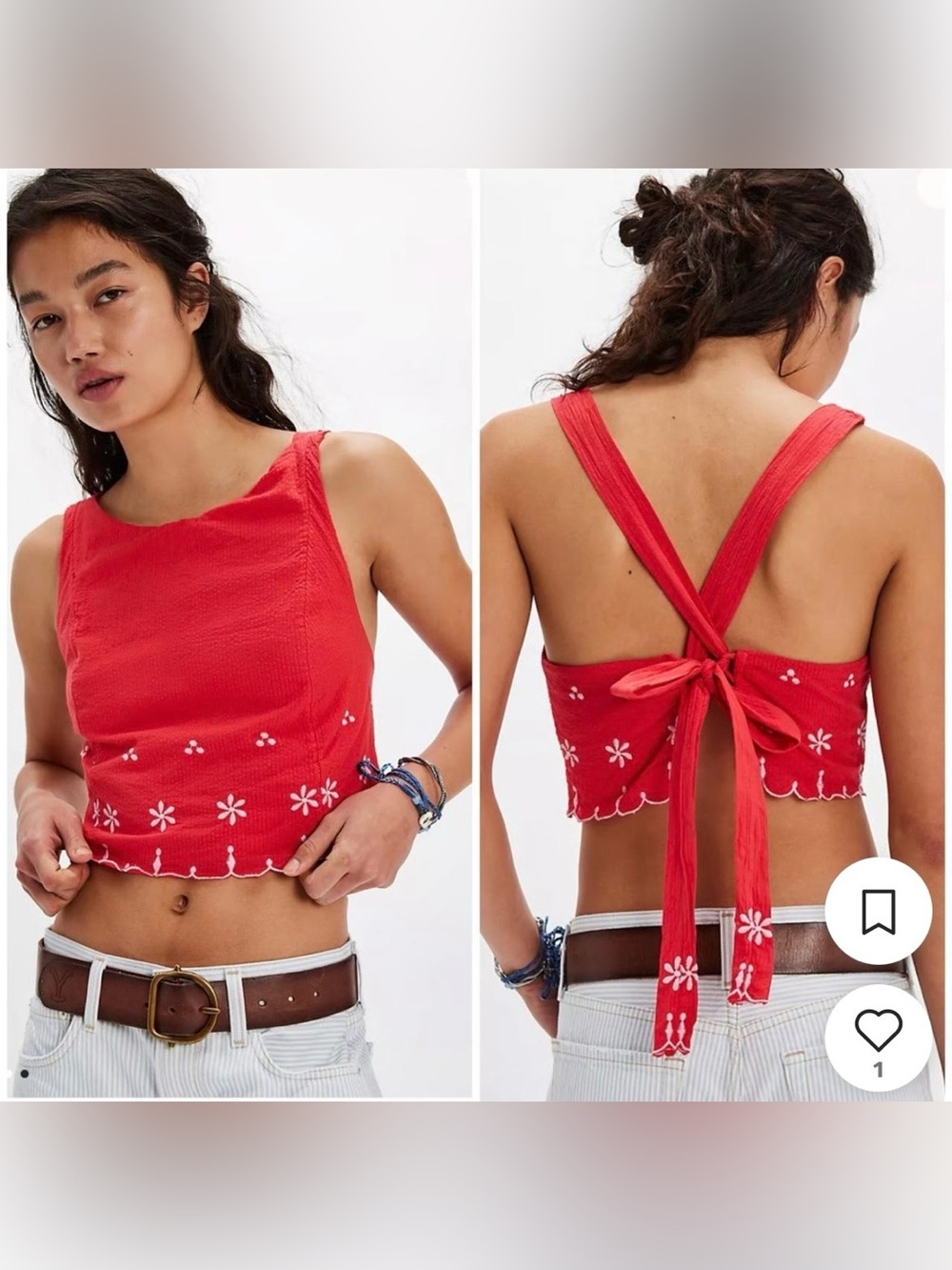 Free People Kayla Solid Embroidered Crop Blouse Flame Red Size XL